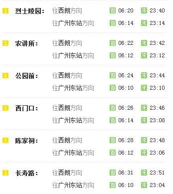 广州地铁1号线末班车 16个站点时刻表扫盲