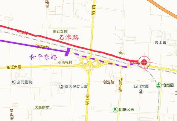 东二环以东为路段显示为307国道,与石津路的交汇点在东三环以东,开发