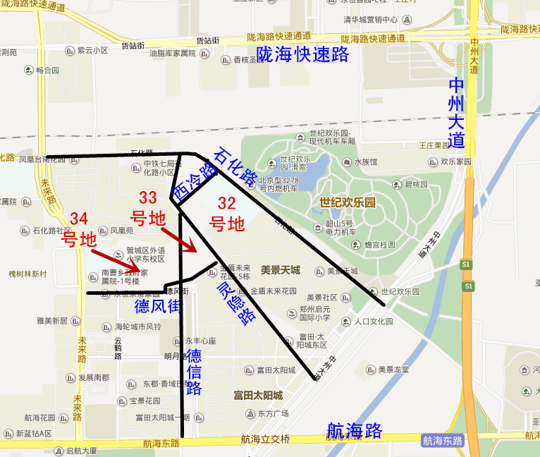 地块示意图 编辑了解到,当天出让的3宗地相邻,同处于陇海快速路、中州大道、航海东路、未来路4条主干道的围合区域,隔石化路与世纪欢乐园对望,交通较为便利。教育资源方面,区域内分布着郑州启元国际小学、二里岗小学、郑州市第十一中学、郑州旅游职业学院等。另外,区域内成熟社区较多,远大理想城、富田太阳城、美景天城、阳光城、金色港湾、正商蓝钻、滨河花园等,人居氛围浓厚,但目前暂无在售楼盘。 据土地出让前置条件显示,3宗地均需配建不同面积的公共租赁住房,其中 32号地配建面积不低于11690.