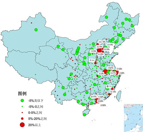 图1 2016年2月中国城市二手房挂牌价指数同比涨幅分布图