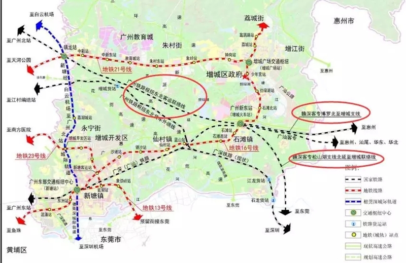 如果规划落实,增城火车站(石滩站)未来成为拥有地铁16号线,广汕高铁