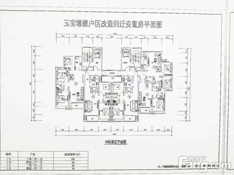 91㎡,116.66㎡,109㎡的中大型户型. 回迁房2号楼为两梯三户.