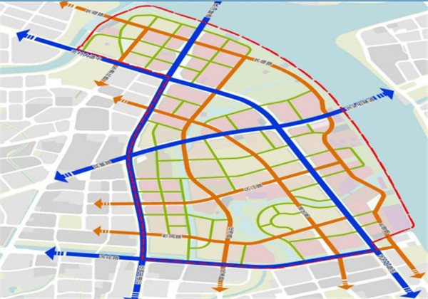 四橫:連接洲頭咀隧道的花蕾路,達江路,綵鳳路,渙花路 五縱:芳村