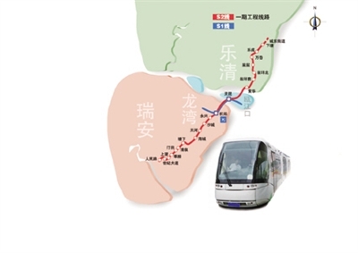 s2線為東北-西南走向,一期線路北起樂清市城東街道下塘,南至瑞安市區